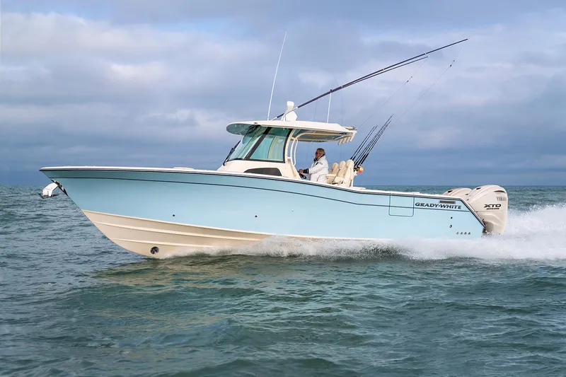 Slide: The Image of 2026 Grady-White Canyon 336 boat on trailer. - 2