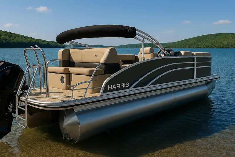 Slide: The Image of 2026 Harris Cruiser 230 pontoon boat on a serene lake with lush green hills. - 2