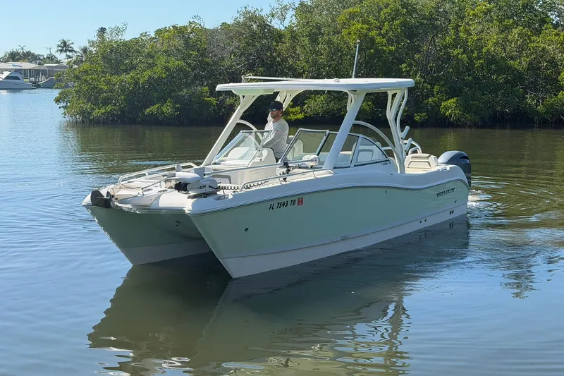 Slide: The Image of 2022 World Cat 255 DC boat cruising on calm water near lush greenery. - 3