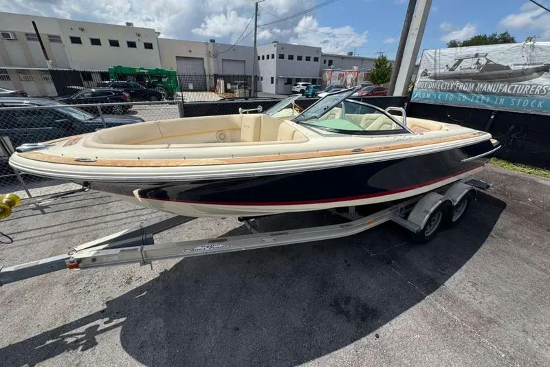 The Image of 2018 Chris-Craft Launch 23 boat on trailer, parked outdoors under a cloudy sky. - 0