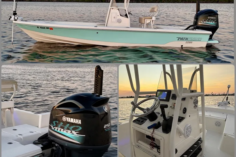 The Image of 2014 Pathfinder 2200 TRS boat on water, featuring Yamaha engine and modern cockpit controls. - 0