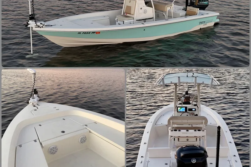 Slide: The Image of 2014 Pathfinder 2200 TRS boat on water, featuring console and seating views. - 1
