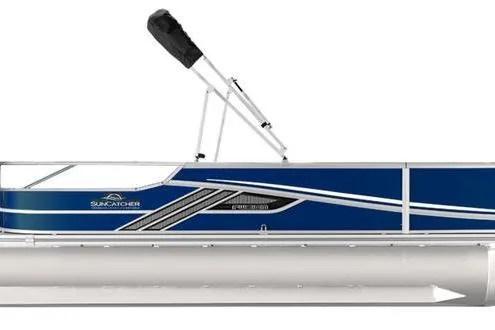 The Image of 2026 SunCatcher Fusion 322SS pontoon boat, sleek blue design, side view. - 1