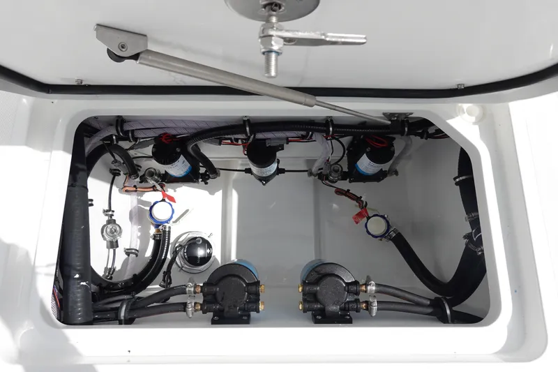 Slide: The Image of 2026 Sea Hunt Gamefish 30 Coffin Box interior showing mechanical components and wiring. - 44