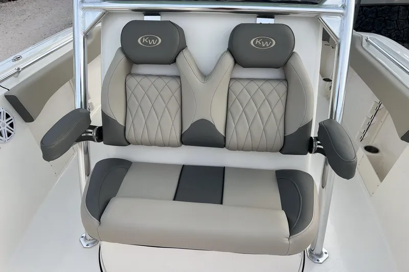Slide: The Image of 2026 Key West 263 FS boat seat with armrests and diamond-pattern upholstery. - 28