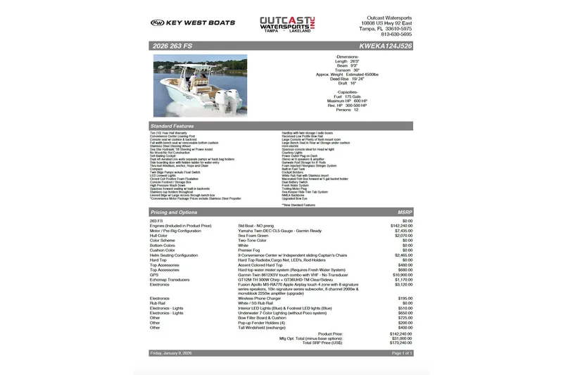 Slide: The Image of 2026 Key West 263 FS boat specifications and pricing details, featuring standard features and options. - 33