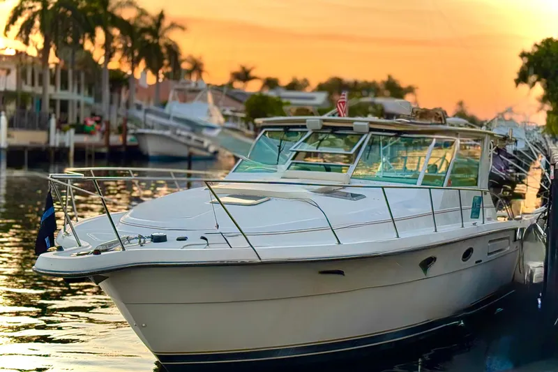 The Image of 2000 Tiara 37 Open yacht cruising on a sunny day, surrounded by lush greenery. - 0