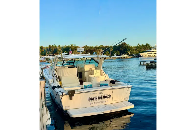 Slide: The Image of White deck of 2000 Tiara 37 Open boat with slotted design. - 86