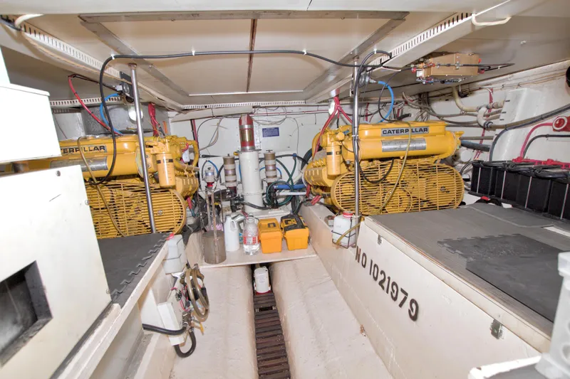 Slide: The Image of Engine room of 1985 Gulfstar 44 Motor Yacht with Caterpillar engines. - 76