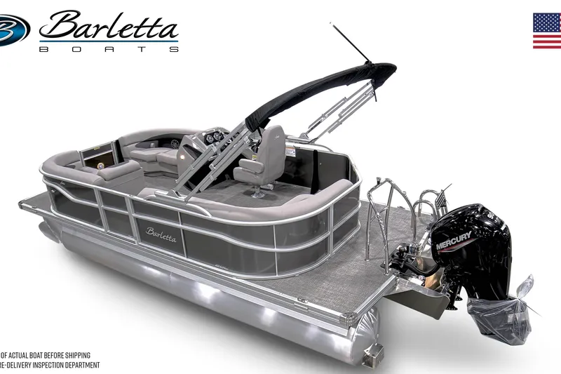 Slide: The Image of 2026 Barletta A20L pontoon boat with Mercury engine, sleek design, and comfortable seating. - 14