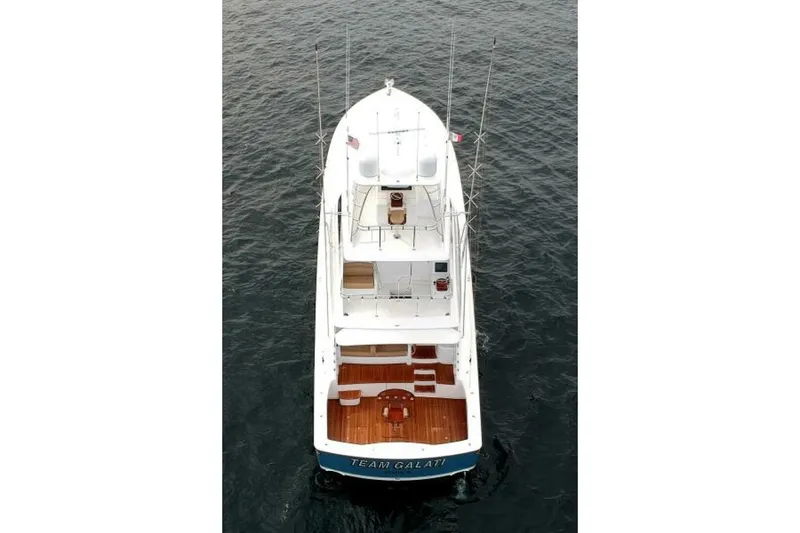 Slide: The Image of Aerial view of 2017 Viking 80 Sky Bridge yacht on open water. - 132
