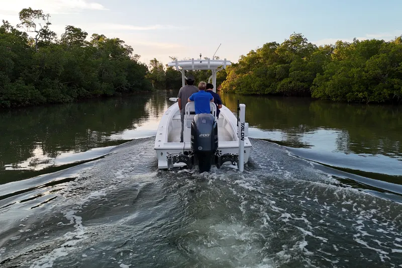 Slide: The Image of 2016 Dorado 23 boat cruising through a serene, tree-lined waterway at sunset. - 25
