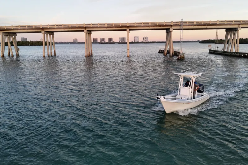 Slide: The Image of Boat cruising under bridge on water, Dorado 23 model, 2016, with city skyline in background. - 40