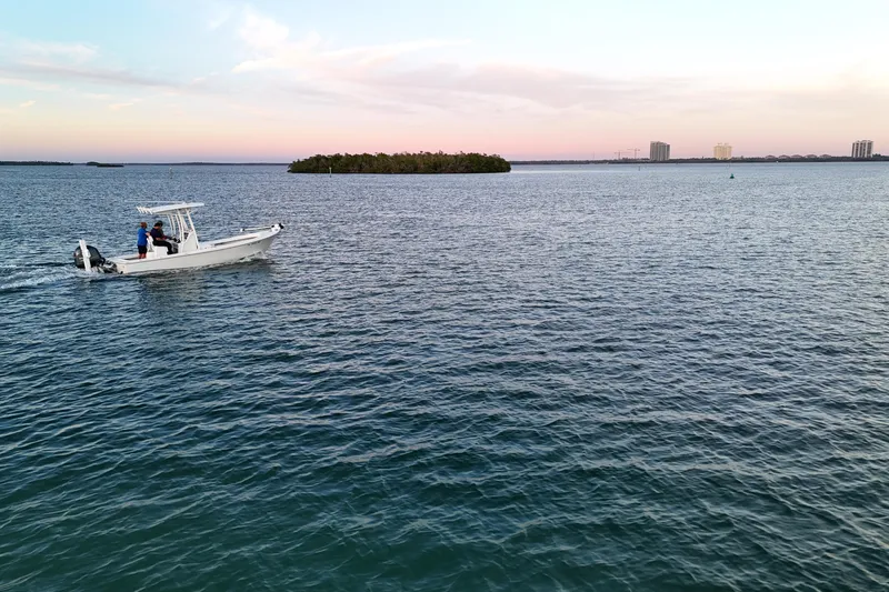 Slide: The Image of 2016 Dorado 23 boat cruising on calm waters at sunset, with distant city skyline. - 49