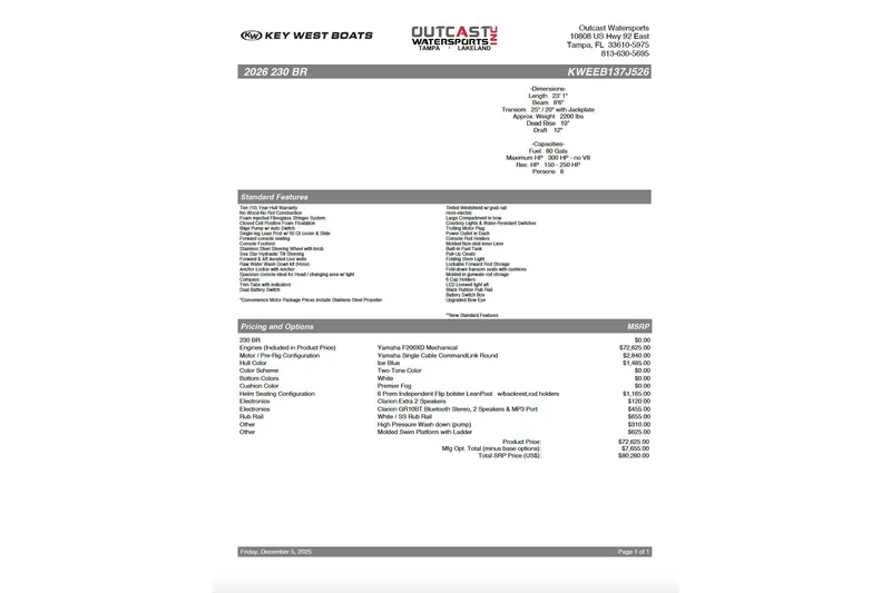 Slide: The Image of Key West 230 Bay Reef 2026 boat specifications and pricing details sheet. - 16