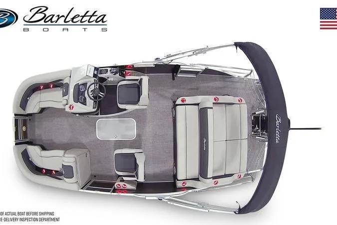 Slide: The Image of 2026 Barletta Cabrio 22UC pontoon boat, top view, showcasing spacious seating and modern design. - 5