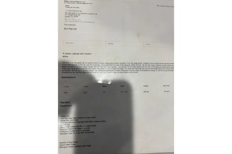 Slide: The Image of 1994 Sailboat STUR D CAT specifications and features document with shadow overlay. - 4