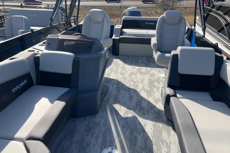 Slide: The Image of Interior of 2026 Sylvan R22 LZ DH pontoon boat with spacious seating and modern design. - 8