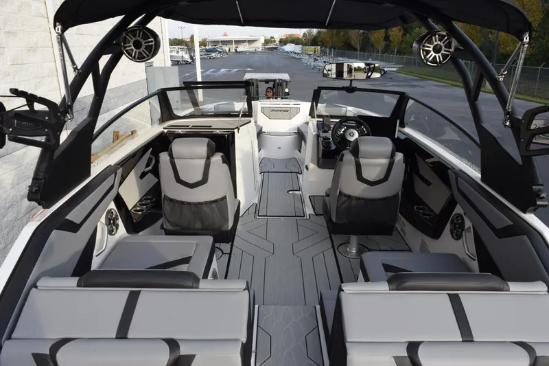 Slide: The Image of 2026 Yamaha Boats 222XD interior with modern seating and sleek design. - 7