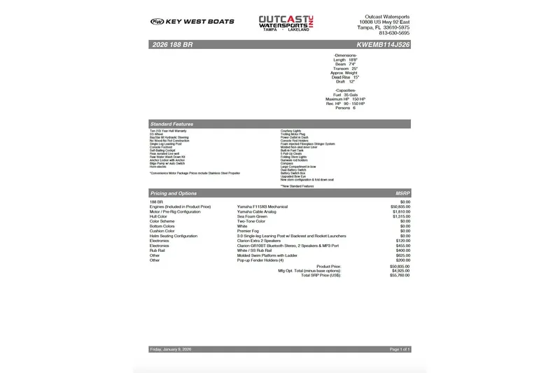 Slide: The Image of 2026 Key West 188 Bay Reef boat specifications and pricing details from Outcast Watersports. - 17