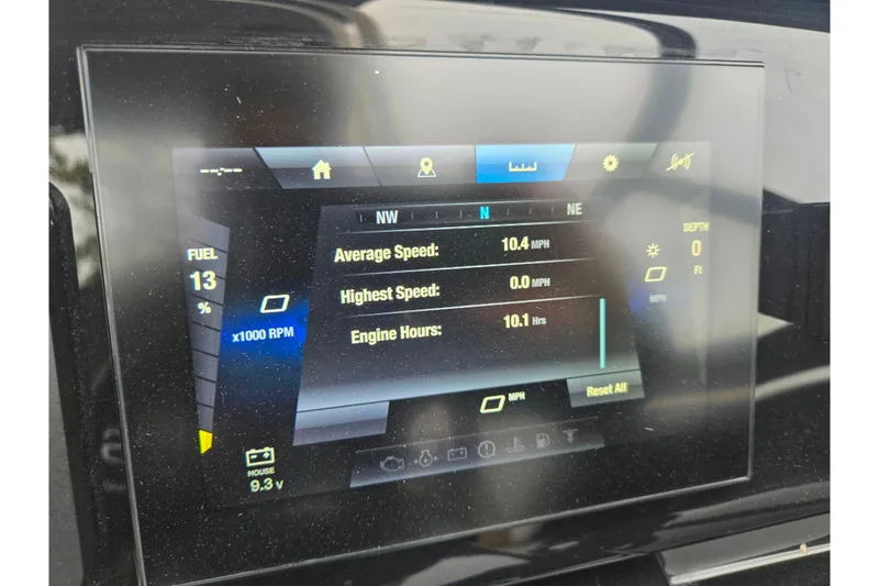 Slide: The Image of Dashboard display of 2023 Yamaha Boats 195S showing speed, fuel, and engine hours. - 23