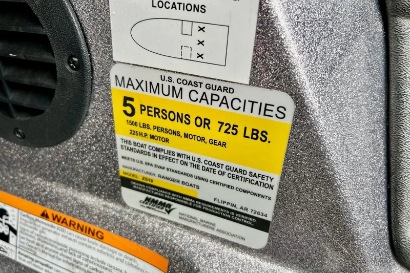 Slide: The Image of 2017 Ranger Z519 capacity label, 5 persons or 725 lbs, 225 HP motor. - 34