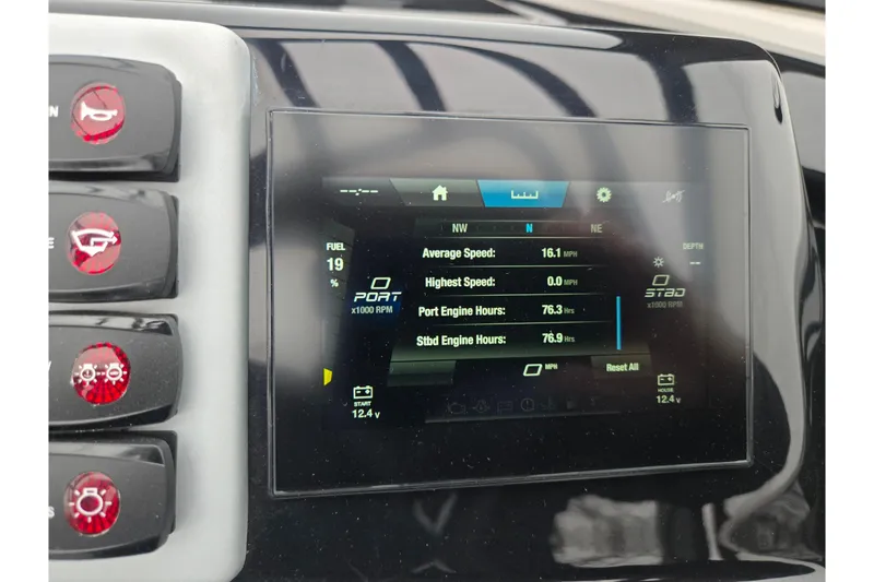 Slide: The Image of Dashboard display of 2025 Yamaha Boats AR220 showing engine and speed metrics. - 14