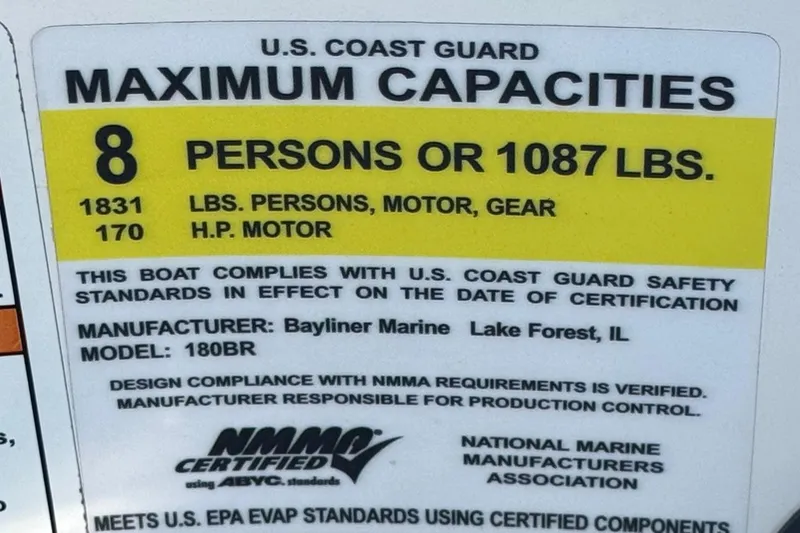 Slide: The Image of 2016 Bayliner 180 Bowrider capacity label, U.S. Coast Guard certified for 8 persons or 1087 lbs. - 21