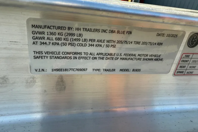 Slide: The Image of Label on trailer manufactured by HH Trailers, model B1835, dated 10/2025. - 27