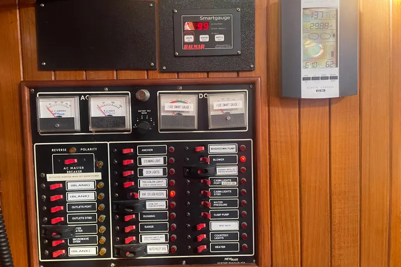 Slide: The Image of Electrical control panel on a 1985 Passport 40 boat, featuring gauges and switches. - 36