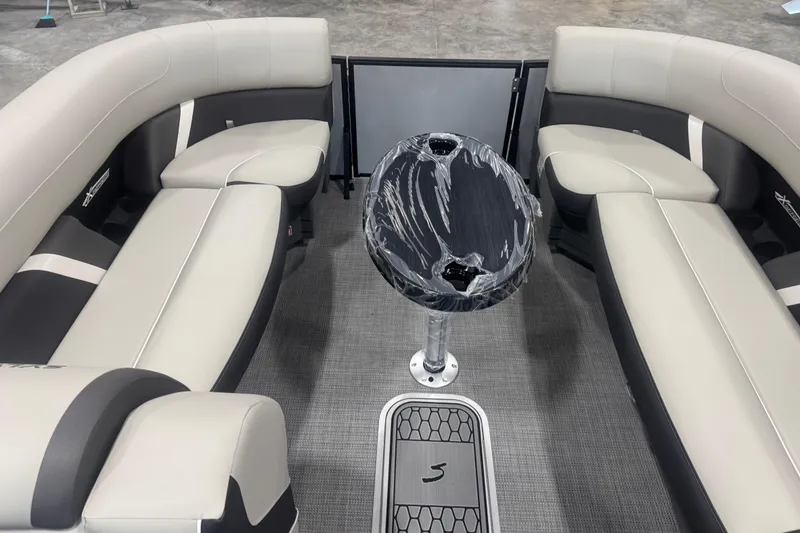 Slide: The Image of Luxurious interior of 2026 Sylvan Mirage X X5 pontoon boat with plush seating. - 8