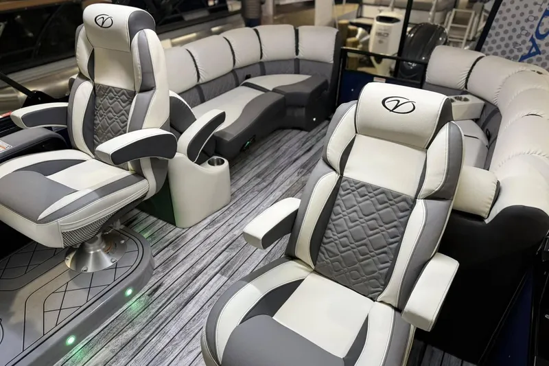 Slide: The Image of Luxurious interior of 2025 Veranda Relax VR 22 RC pontoon boat with plush seating. - 10