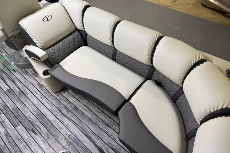 Slide: The Image of Luxurious seating on 2025 Veranda Relax VR 22 RC pontoon boat, featuring elegant upholstery and design. - 13