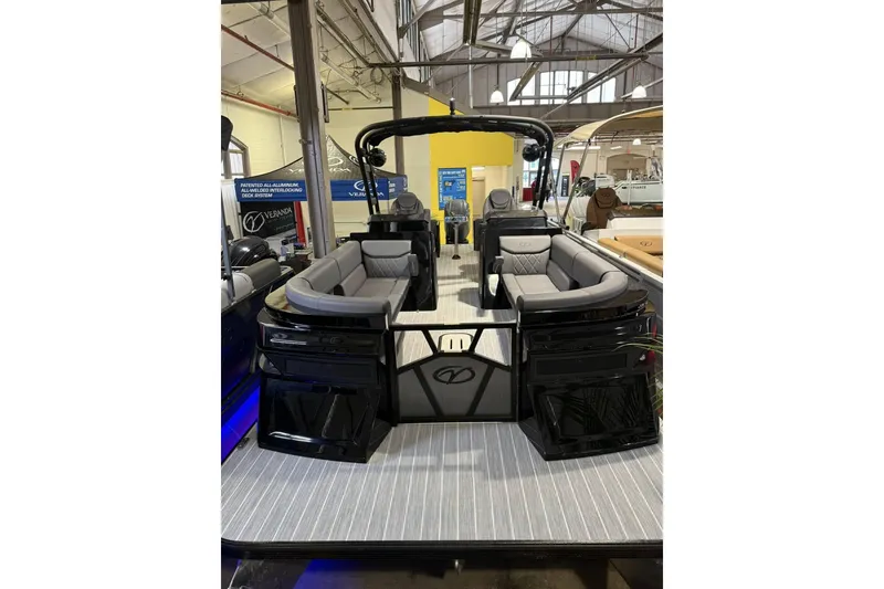 Slide: The Image of 2025 Veranda VX 27 DCRC pontoon boat with luxurious seating and modern design. - 3