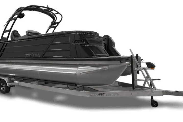 Slide: The Image of 2025 Veranda VX 27 DCRC pontoon boat on trailer, sleek design, black exterior. - 8