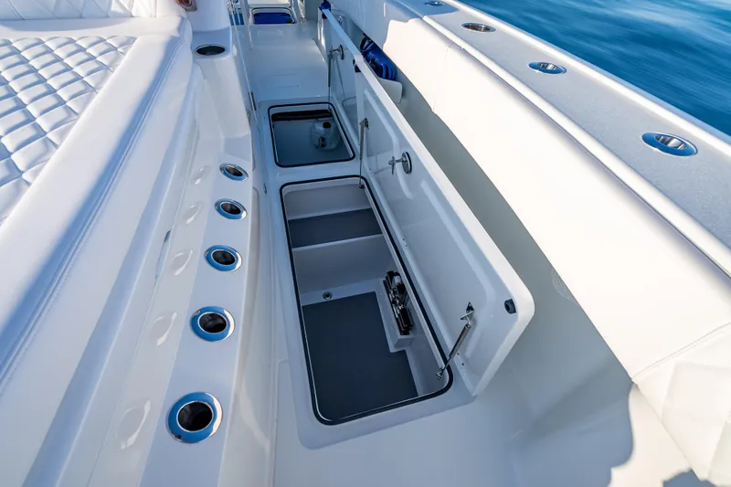 Slide: The Image of 2026 Freeman 35 boat interior with open storage compartments and sleek design. - 42