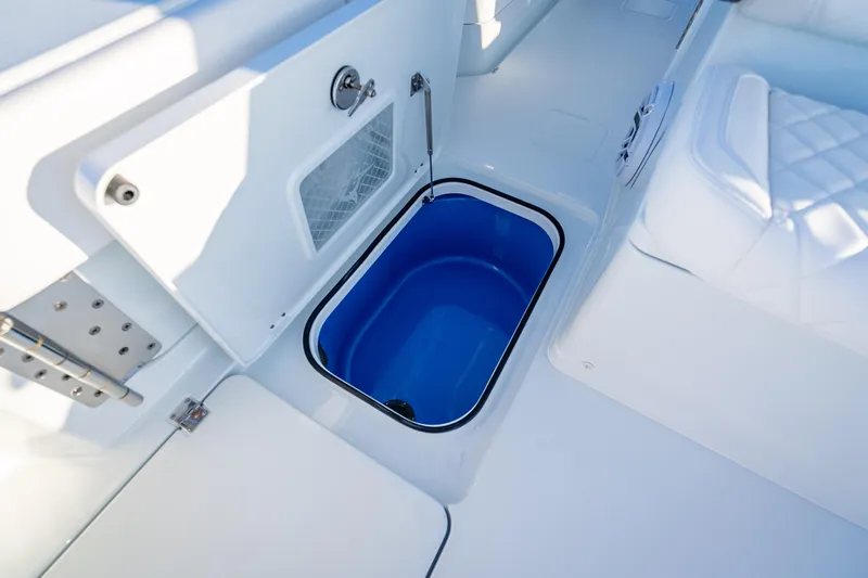Slide: The Image of Freeman 35 boat interior, 2026 model, featuring a blue storage compartment. - 46