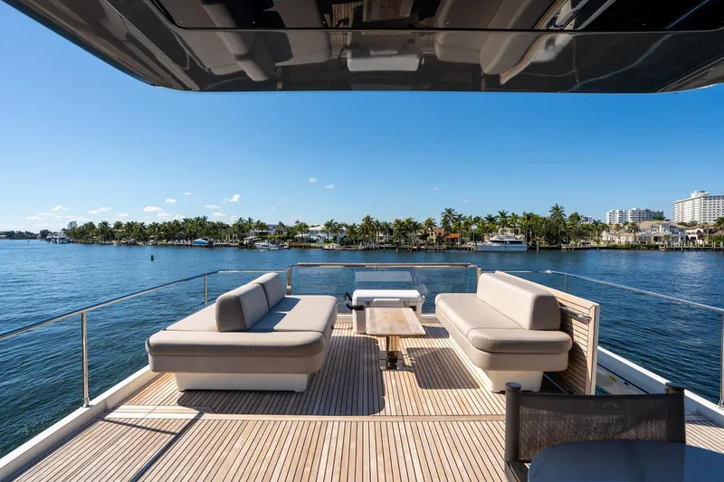 Slide: The Image of Luxurious 2022 Prestige X70 yacht deck with elegant seating, overlooking serene waterfront views. - 24