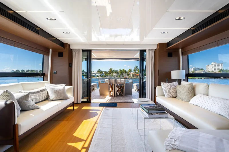 Slide: The Image of Luxurious interior of 2022 Prestige X70 yacht with elegant seating and ocean view. - 34
