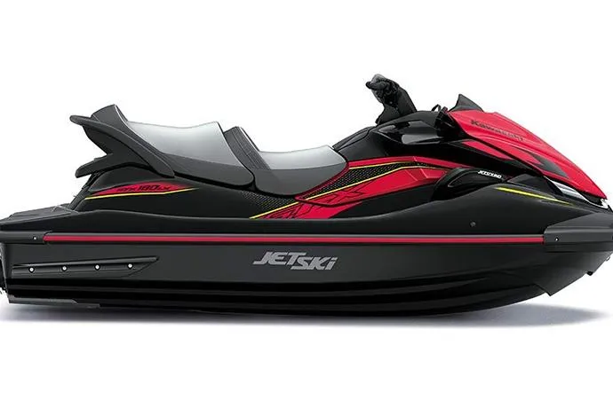 Slide: The Image of 2025 Kawasaki Jetski STX 160LX in black and red, side view. - 4
