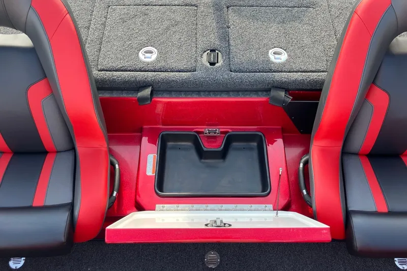 Slide: The Image of Interior of 2026 Nitro Z19 XL boat with red and black seating and storage compartments. - 12