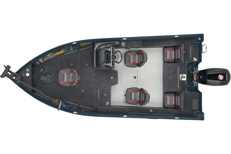 Slide: The Image of 2026 Ranger VS1782SC Reata boat deck with gray carpet and storage compartments. - 8
