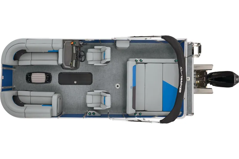 Slide: The Image of 2026 Sun Tracker Party Barge 22 RF XP3 interior with gray seating and table. - 11