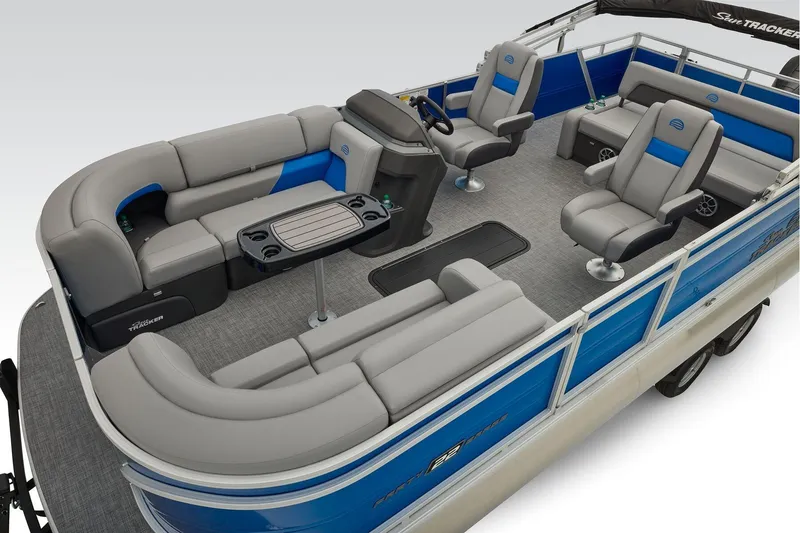 Slide: The Image of 2026 Sun Tracker Party Barge 22 RF XP3 seating area with storage and cup holders. - 19