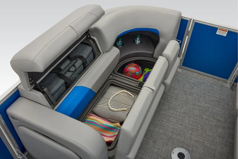 Slide: The Image of 2026 Sun Tracker Party Barge 22 RF XP3 with gray seating and cup holders. - 21