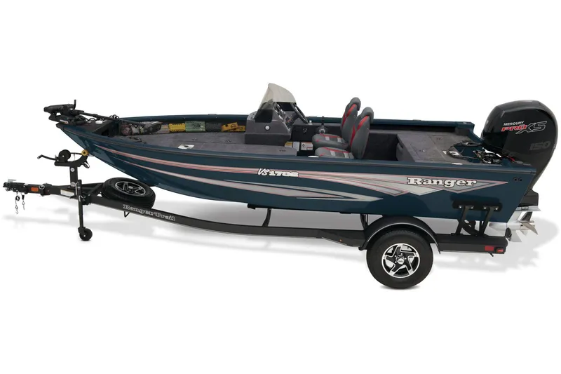 Slide: The Image of 2026 Ranger VS1782SC Reata fishing boat with seating and trolling motor, parked outdoors. - 7