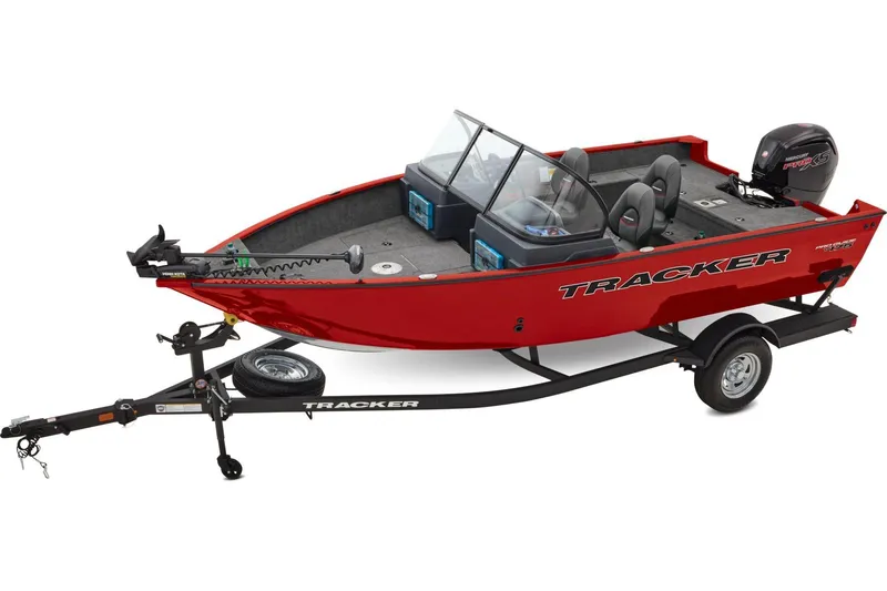 Slide: The Image of 2026 Tracker Pro Guide V-175 WT boat on trailer, parked on grass. - 2