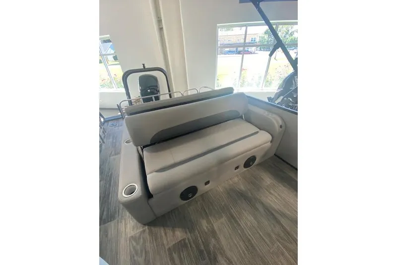 Slide: The Image of 2026 Bentley Pontoons Legacy 223 Swingback interior with plush seating and modern design. - 6