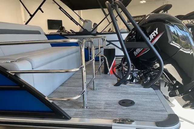 Slide: The Image of 2026 Bentley Pontoons Legacy 223 Swingback with Mercury engine, featuring sleek seating and modern design. - 5