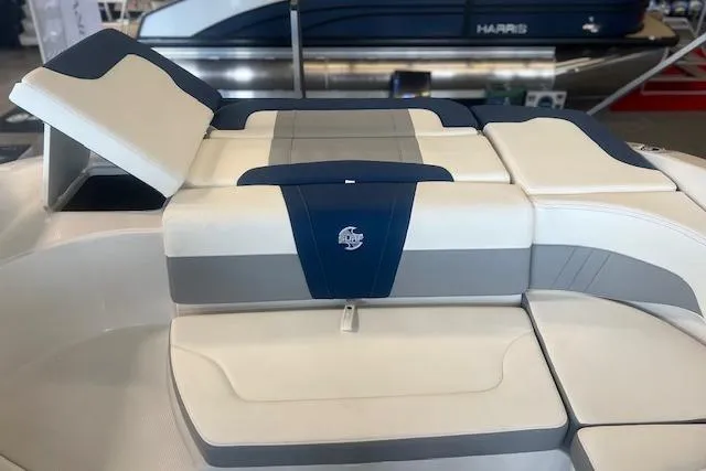 Slide: The Image of 2025 Chaparral 23 Surf boat interior with cushioned seating and modern design. - 19